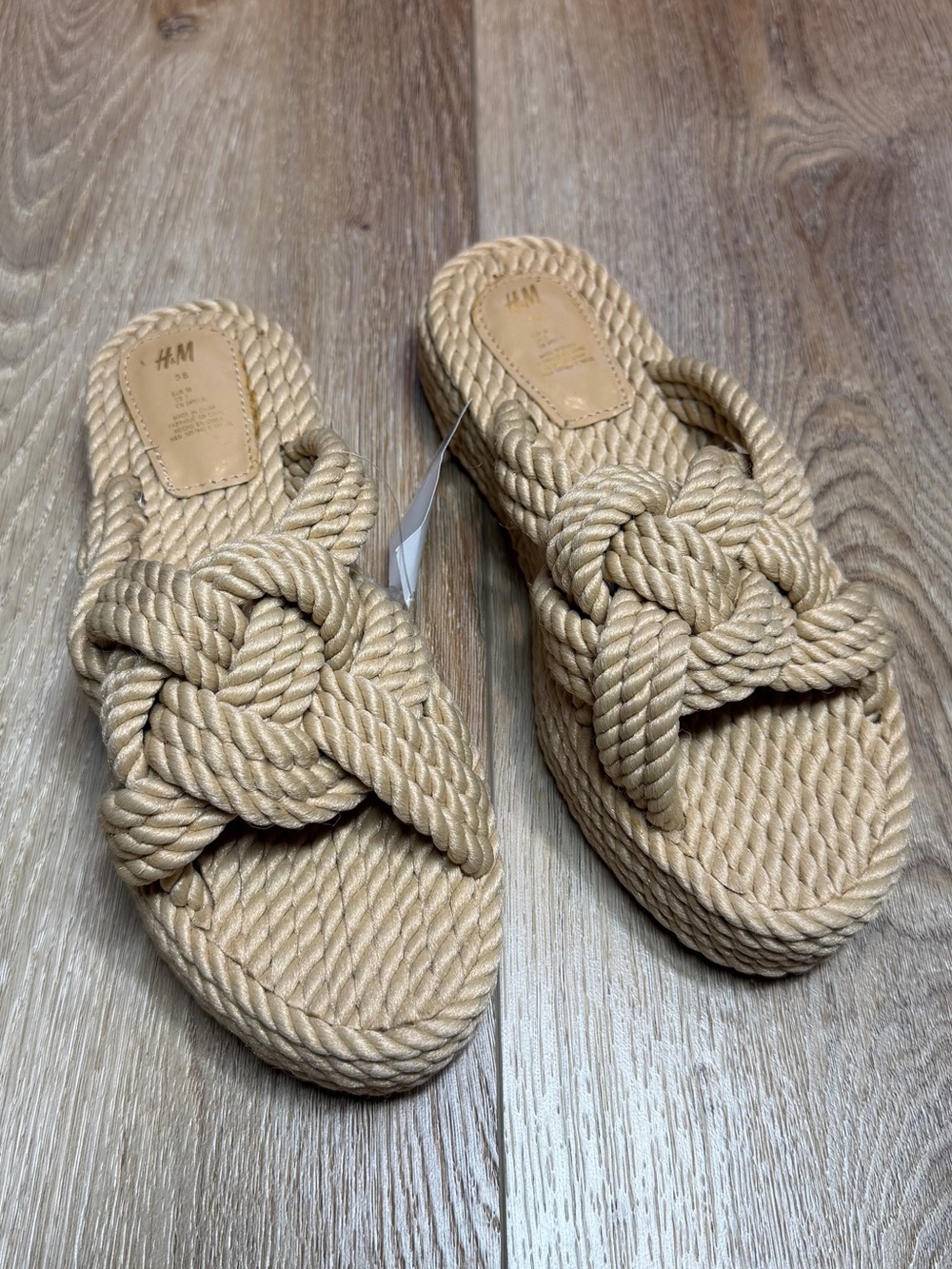 NWT H&M Braided Rope Platform Slides Knotted Boho Neutral Sandals Beige Size 7